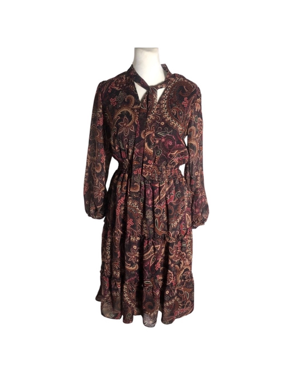 Paisley Tie-Neck Long Sleeve Midi Dress in Burgundy and Gold